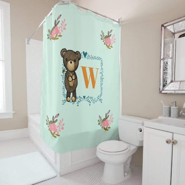 Cute Brown Bear Holding a Yellow Flower Monogram Shower Curtain (In Situ)