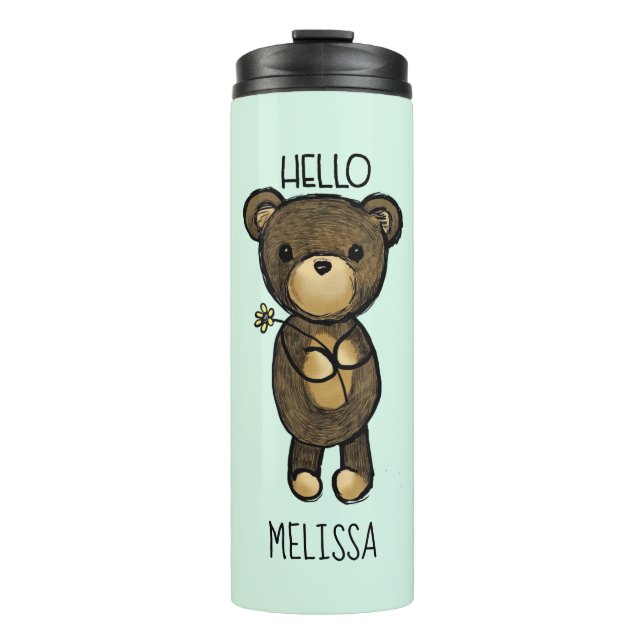 Cute Brown Bear Holding a Yellow Flower Thermal Tumbler (Front)