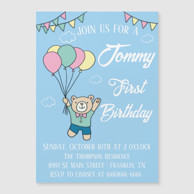 Cute Brown Bear Hot Air Balloon Boy Birthday Magnetic Invitation (Front)