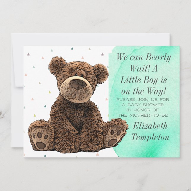 Cute Brown Bear It's a Boy Teal Modern Baby Shower Invitation (Front)