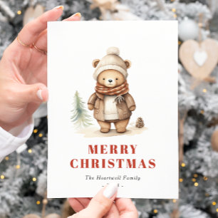 Cute Brown Bear Merry Christmas Holiday Postcard