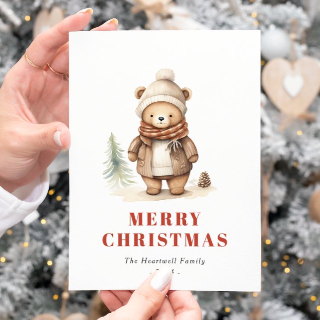 Cute Brown Bear Merry Christmas Holiday Postcard (Creator Uploaded)