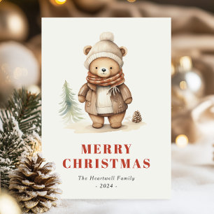 Cute Brown Bear Merry Christmas Holiday Postcard