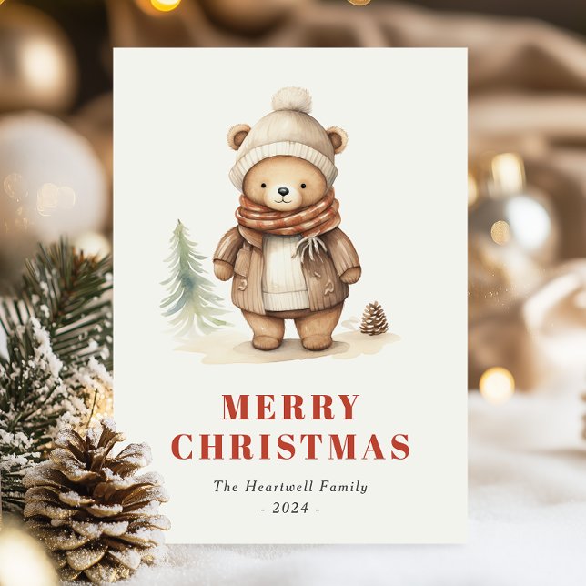 Cute Brown Bear Merry Christmas Holiday Postcard (Creator Uploaded)