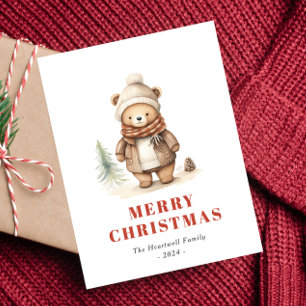 Cute Brown Bear Merry Christmas Holiday Postcard