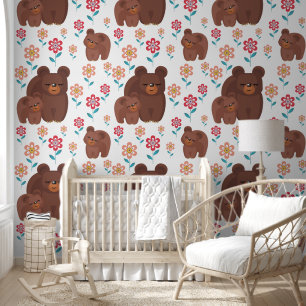 Cute brown bear mother and baby, flowers pattern wallpaper