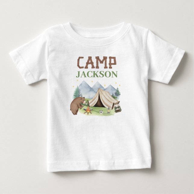Cute Brown Bear Tent Happy Camper 1st Birthday  Baby T-Shirt (Front)