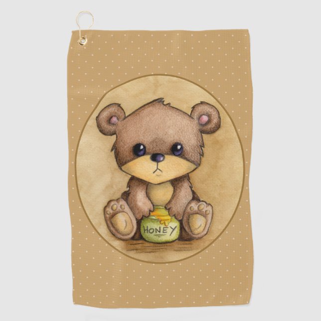 Cute Brown Bear With A Honey Pot Golf Towel (Front)