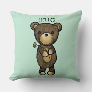 Cute Brown Bear with Yellow Flower Hello Cushion