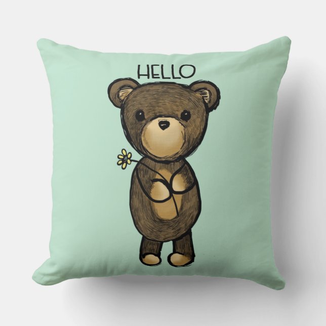 Cute Brown Bear with Yellow Flower Hello Cushion (Front)