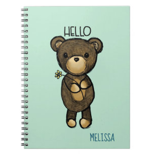 Cute Brown Bear with Yellow Flower Hello Spiral Notebook