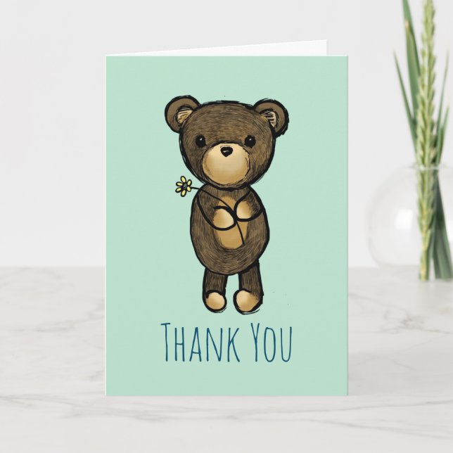 Cute Brown Bear with Yellow Flower Thank You Card (Front)