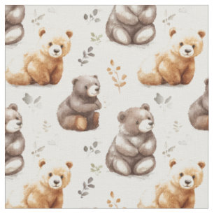 Cute Brown Bears on White Fabric