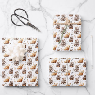 Cute Brown Bears on White Wrapping Paper Sheet