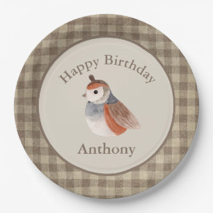 Cute Brown Bird Watercolor Name Birthday Paper Plate