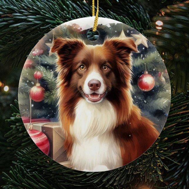 Cute Brown Border Collie Christmas Ceramic Tree Decoration (Creator Uploaded)