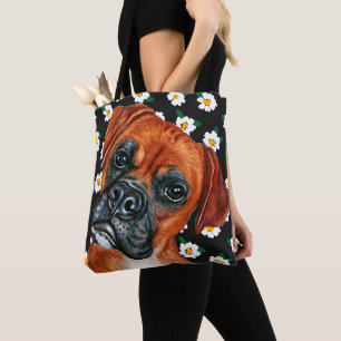 Cute Brown Boxer Dog Daisy Flower Pattern Tote Bag