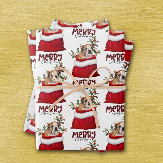 Cute Brown Bulldog Puppy in Holiday Gift Bag Wrapping Paper Sheet (Creator Uploaded)