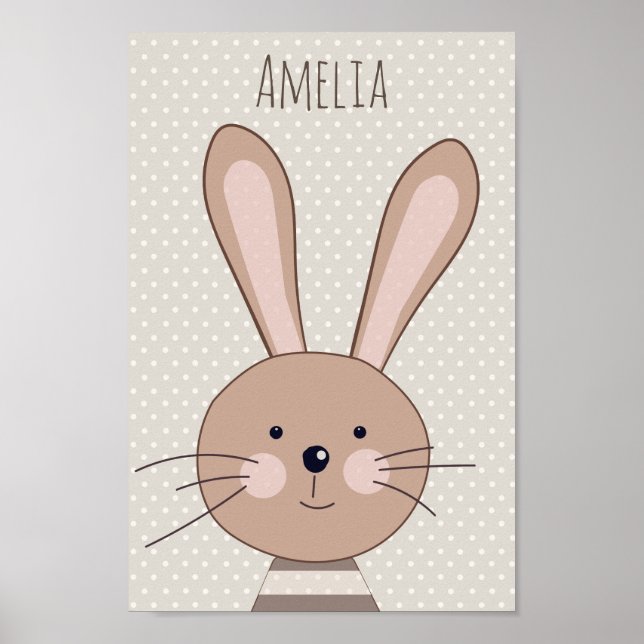 Cute Brown Bunny Beige Dots Personalised Poster (Front)