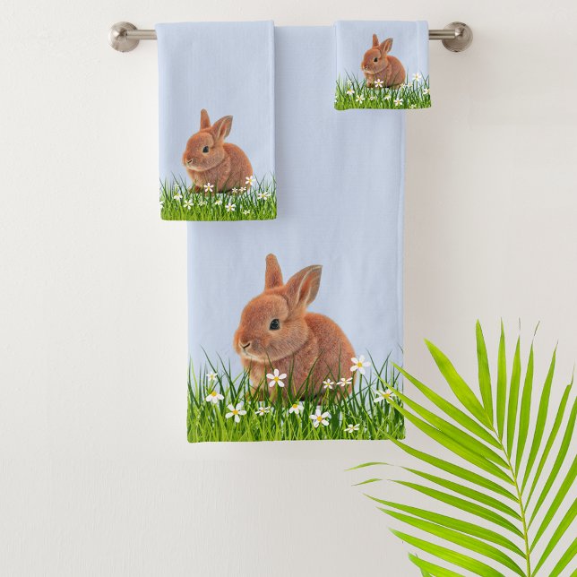 Cute Brown Bunny & Flowers on Light Blue Bath Towel Set (Creator Uploaded)