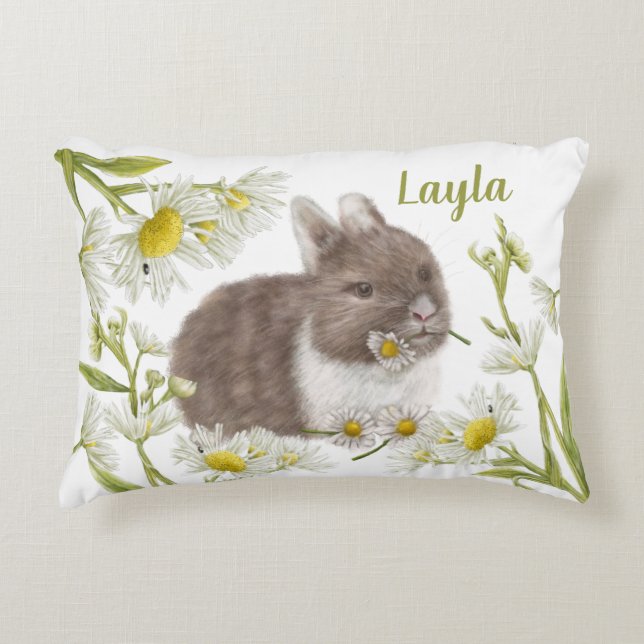 Cute Brown Bunny with Daisies Accent Pilllow Decorative Cushion (Front)