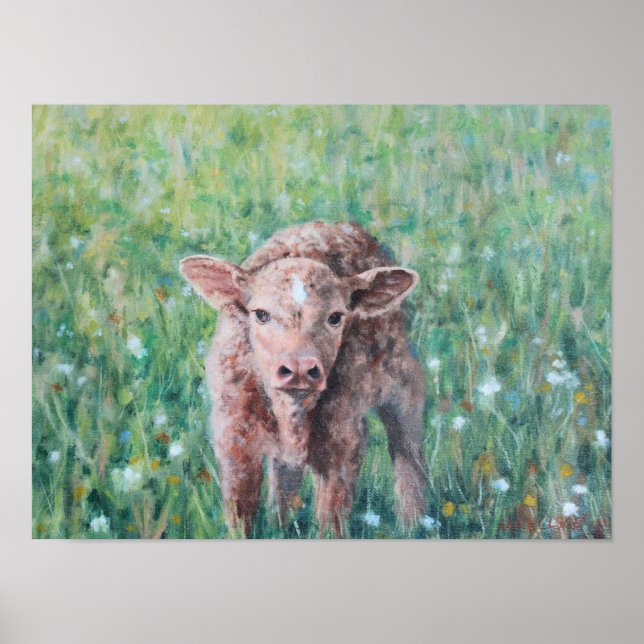 Cute Brown Calf in Flowers Fine Art Print (Front)