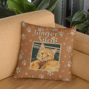Cute Brown Cat Custom Pet Photo Name Paws Cushion