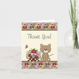 Cute Brown Cat, Flowers and Butterfly Thank You Card