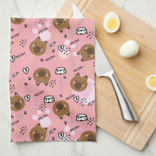 Cute Brown Cat Pattern Tea Towel
