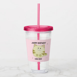 Cute brown cat pink pattern happy birthday acrylic tumbler