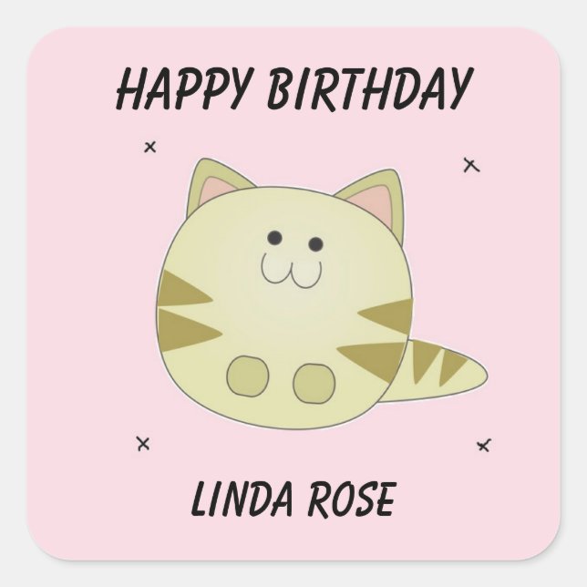 Cute brown cat pink pattern happy birthday square sticker (Front)