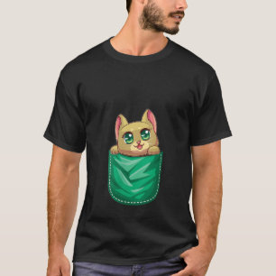 Cute Brown Cat Sit In Pocket Kawaii Kitty Kitten L T-Shirt