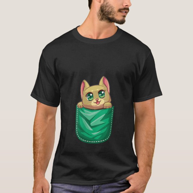 Cute Brown Cat Sit In Pocket Kawaii Kitty Kitten L T-Shirt (Front)