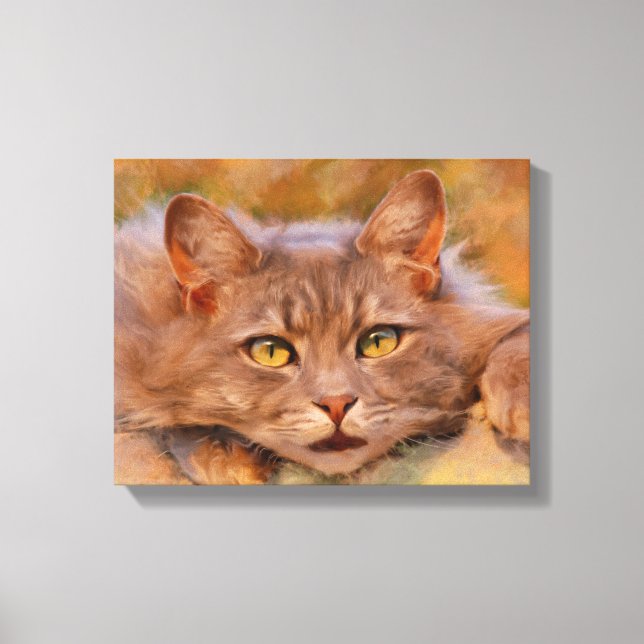 Cute Brown Cat Watercolor Oil Painting Art Canvas Print (Front)