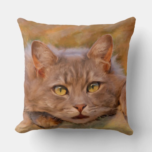 Cute Brown Cat Watercolor Oil Painting Art Cushion (Front)