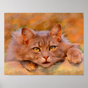 Cute Brown Cat Watercolor Oil Painting Art Poster