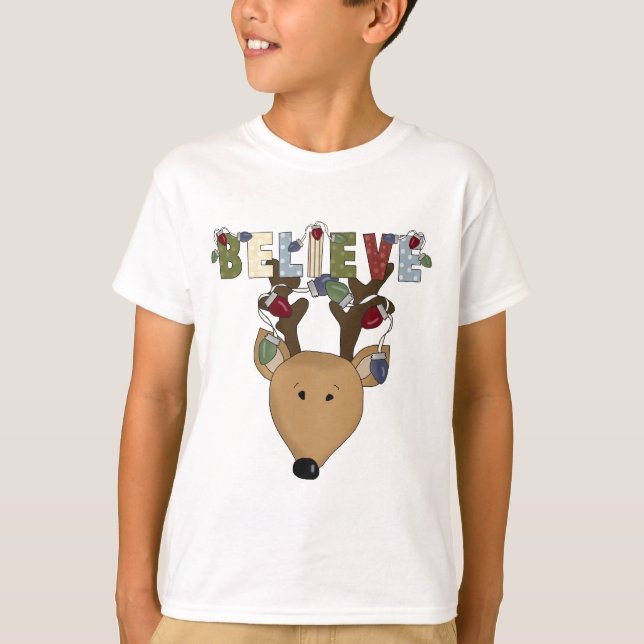 Cute Brown Christmas Reindeer Believe Holiday T-Shirt (Front)