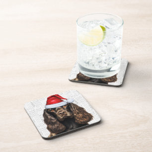Cute Brown Cocker Spaniel Santa Dog Holiday Coaster