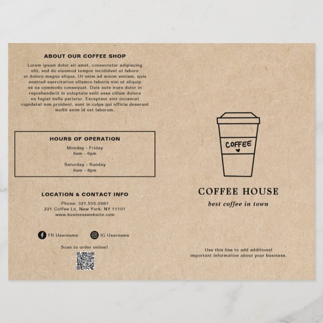 Cute Brown Coffee Cup Coffee Shop Menu (Front)
