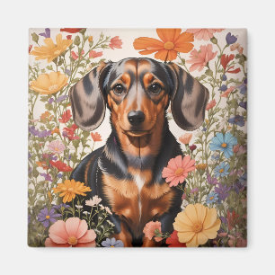 Cute Brown Dachshund And Cosmos Flowers Magnet