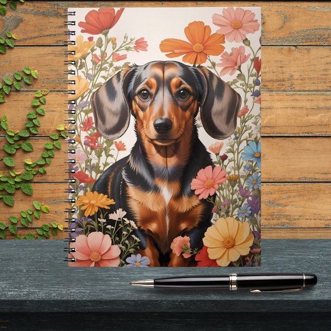 Cute Brown Dachshund And Cosmos Flowers Notebook (Creator Uploaded)