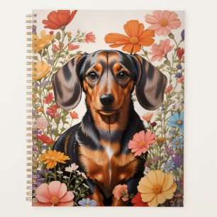 Cute Brown Dachshund And Cosmos Flowers Planner