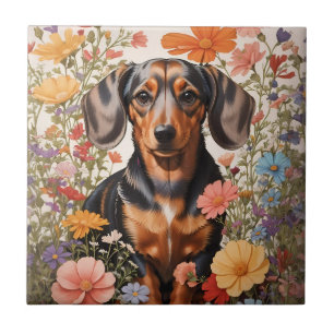 Cute Brown Dachshund And Cosmos Flowers Tile