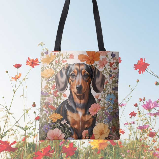 Cute Brown Dachshund And Cosmos Flowers Tote Bag (Creator Uploaded)