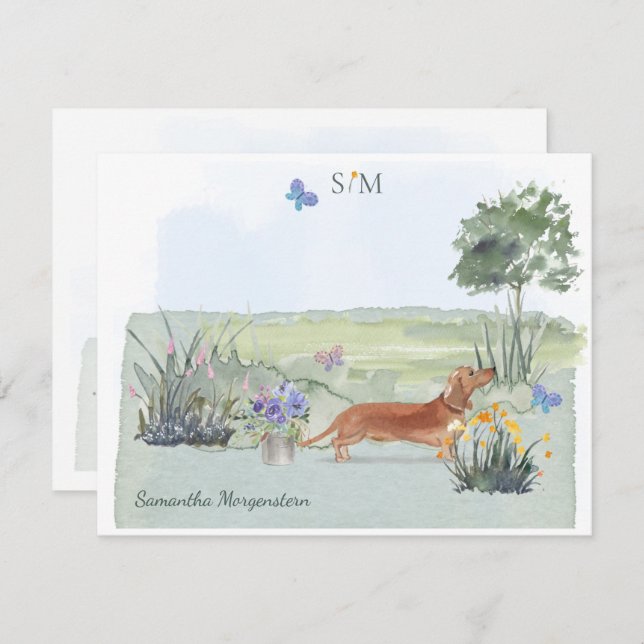 Cute Brown Dachshund Dog Butterfly Monogram Name  Card (Front/Back)
