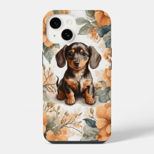 Cute Brown Dachshund Puppy Peach Floral  iPhone 14 Case
