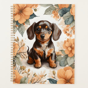 Cute Brown Dachshund Puppy Peach Floral Planner
