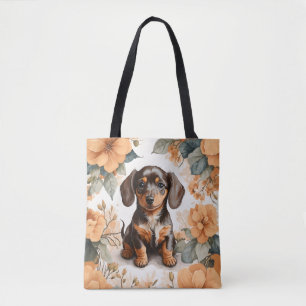 Cute Brown Dachshund Puppy Peach Floral Tote Bag