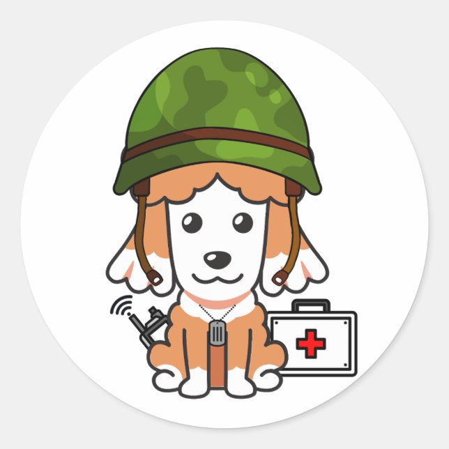 Cute Brown Dog Wearing army helmet Classic Round Sticker (Front)