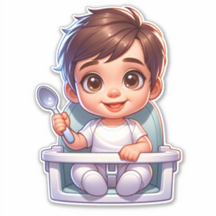 Cute Brown Eyed Baby Boy Holding a Spoon